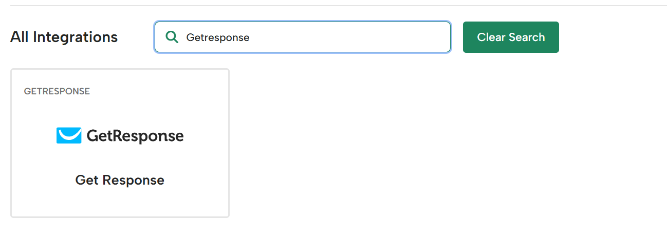 Screenshot of the Digioh All Integrations page with “Getresponse” typed in the search bar. A GetResponse integration card appears below, displaying the GetResponse logo and name.