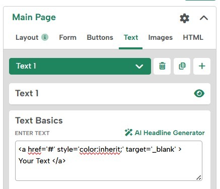 Links can be added to text elements via the standard HTML anchor tag