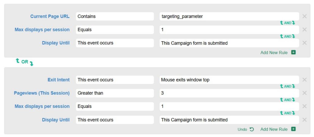 An example of two groups of display rules OR'd together