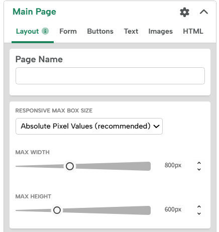 Digioh Main Page Layout settings showing Responsive max box size configured with absolute pixel values, including adjustable maximum width and height controls.