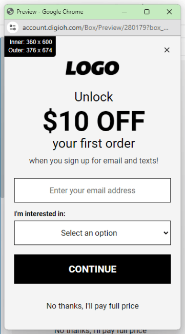 Mobile campaign preview in Google Chrome showing a vertically oriented pop-up with inner and outer viewport dimensions displayed, used to verify mobile sizing and layout fit.