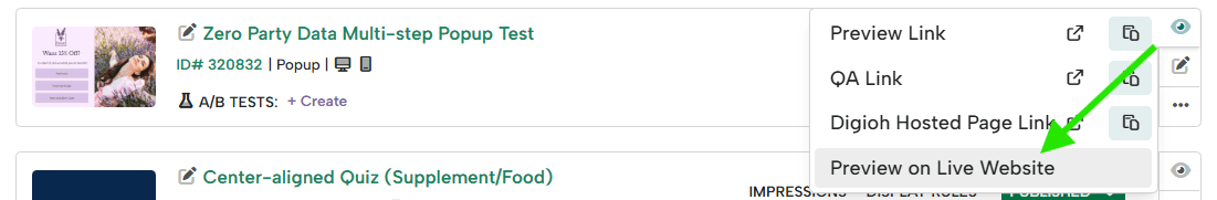 Digioh campaign dashboard showing the Preview on Live Website option, used to generate a mobile preview link for testing a vertical pop-up on an actual device.