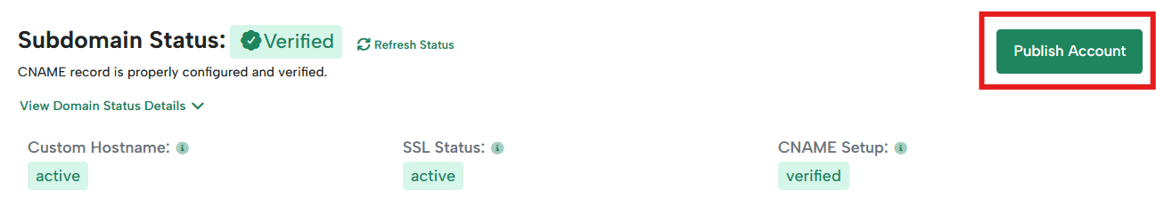 Subdomain Status panel showing Verified with Custom Hostname active, SSL Status active, CNAME Setup verified, and the Publish Account button highlighted in the top right.