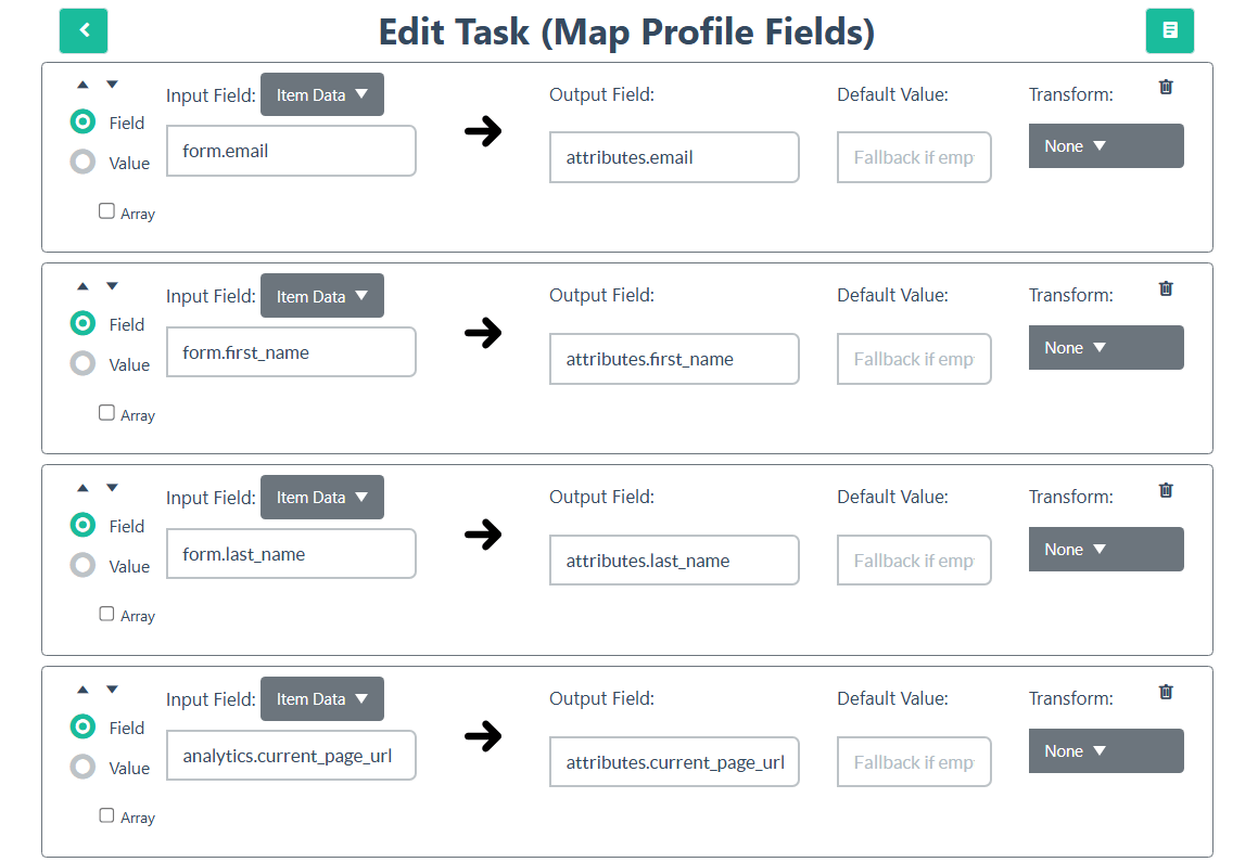 Edit Task screen for Map Profile Fields in a Digioh Pipeline showing mappings from form.email, form.first_name, form.last_name, and analytics.current_page_url to corresponding attributes.email, attributes.first_name, attributes.last_name, and attributes.current_page_url, with Transform set to None and optional Default Value fields.