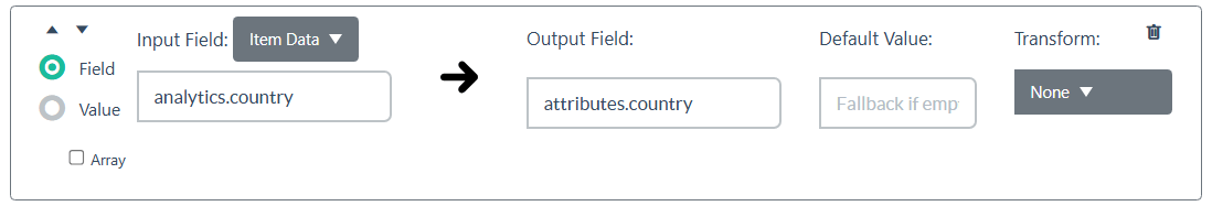 Edit Task screen in a Digioh Pipeline showing Input Field set to analytics.country mapped to Output Field dataFields.country, with Transform set to None.