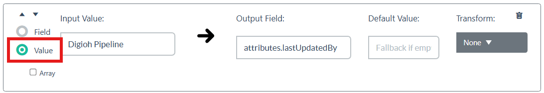 Edit Task screen in a Digioh Pipeline showing a static Input Value set to “Digioh Pipeline” mapped to Output Field dataFields.lastUpdatedBy, with Transform set to None.
