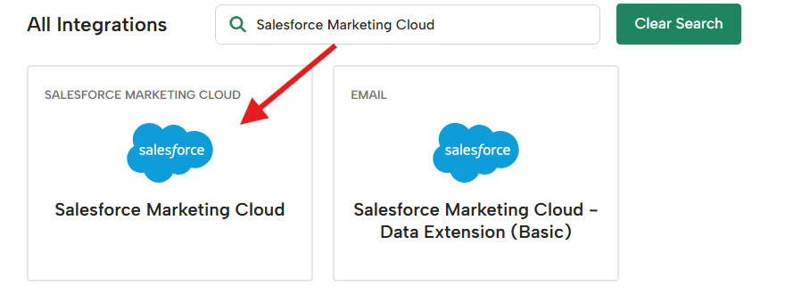 Digioh integrations page showing Salesforce Marketing Cloud integration option highlighted with a red arrow.