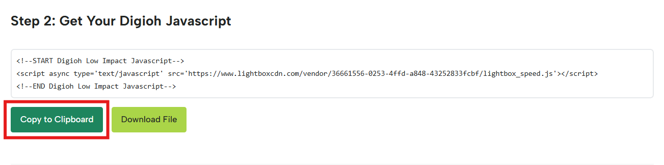 Digioh Setup Instructions screen displaying the JavaScript snippet and highlighted “Copy to Clipboard” button