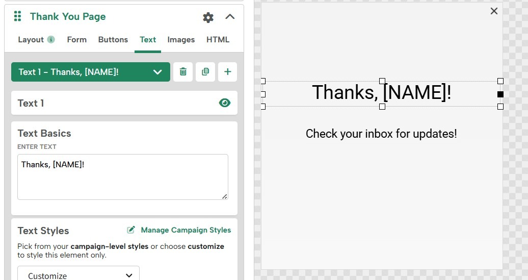 A sample thank you page using the [NAME] merge tag