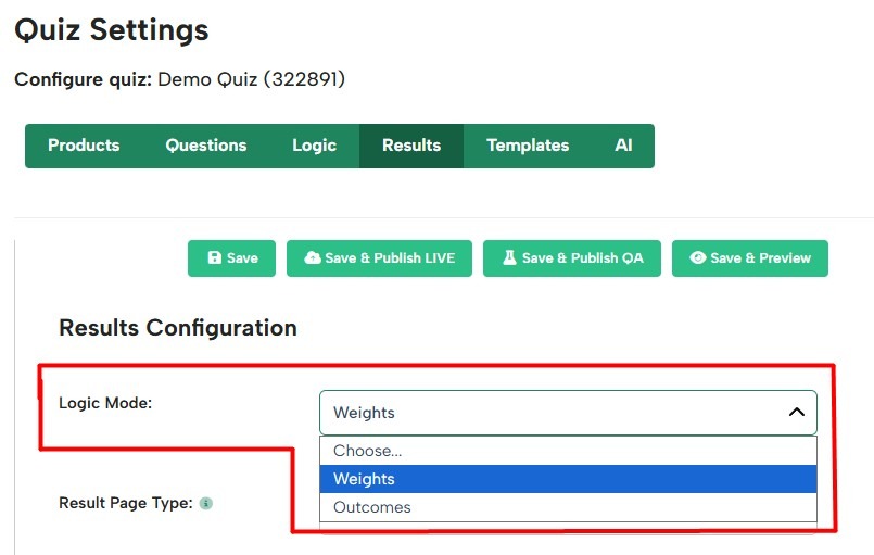 Select weighting logic in the quiz settings