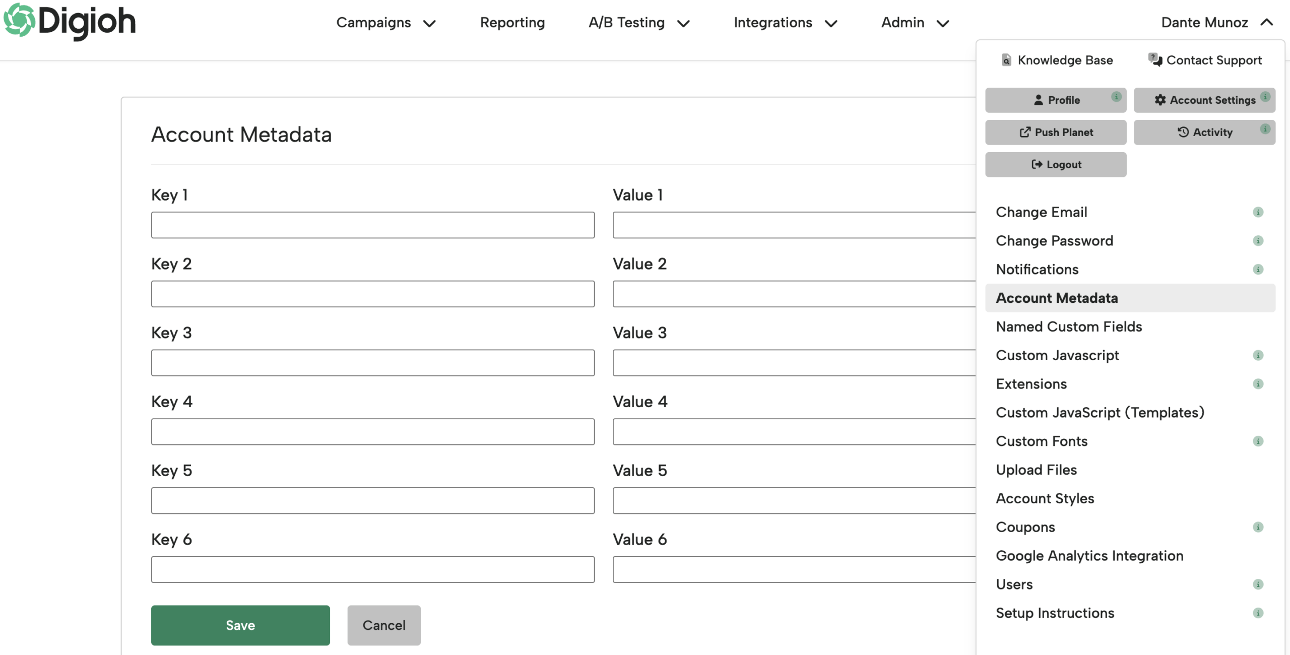 Screenshot of the Account Metadata page under Account Settings