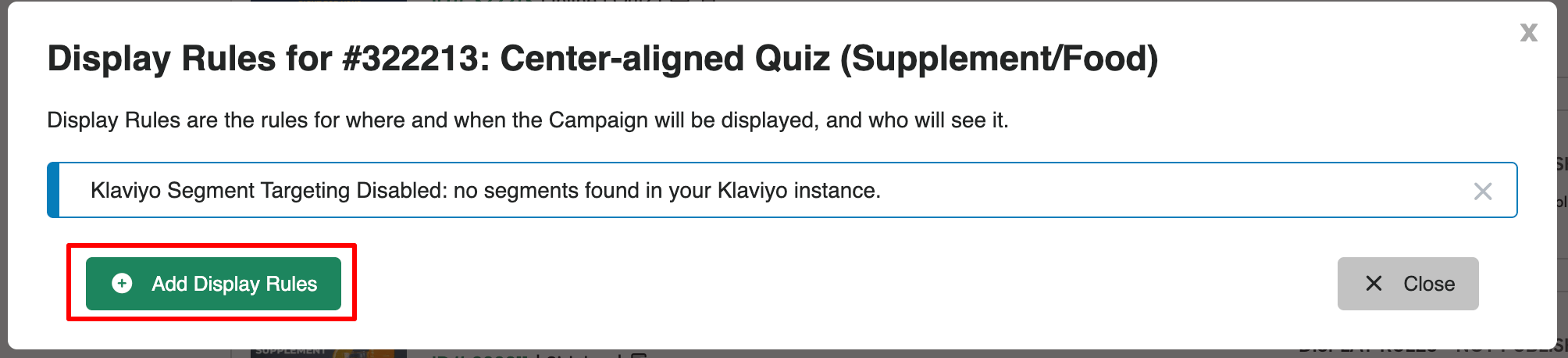 Screenshot of the Display Rules modal with the “Add Display Rules” button highlighted.