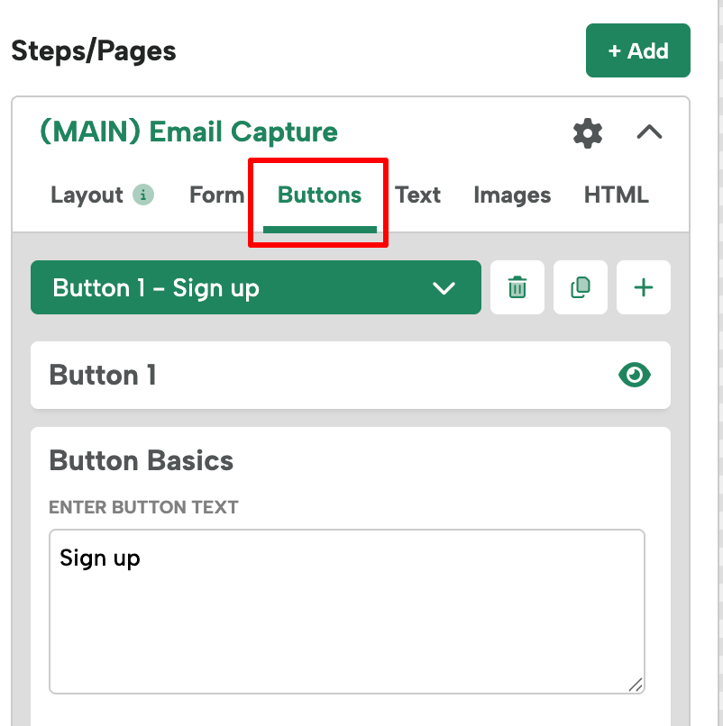 Screenshot of the Buttons tab in the Email Capture page editor.