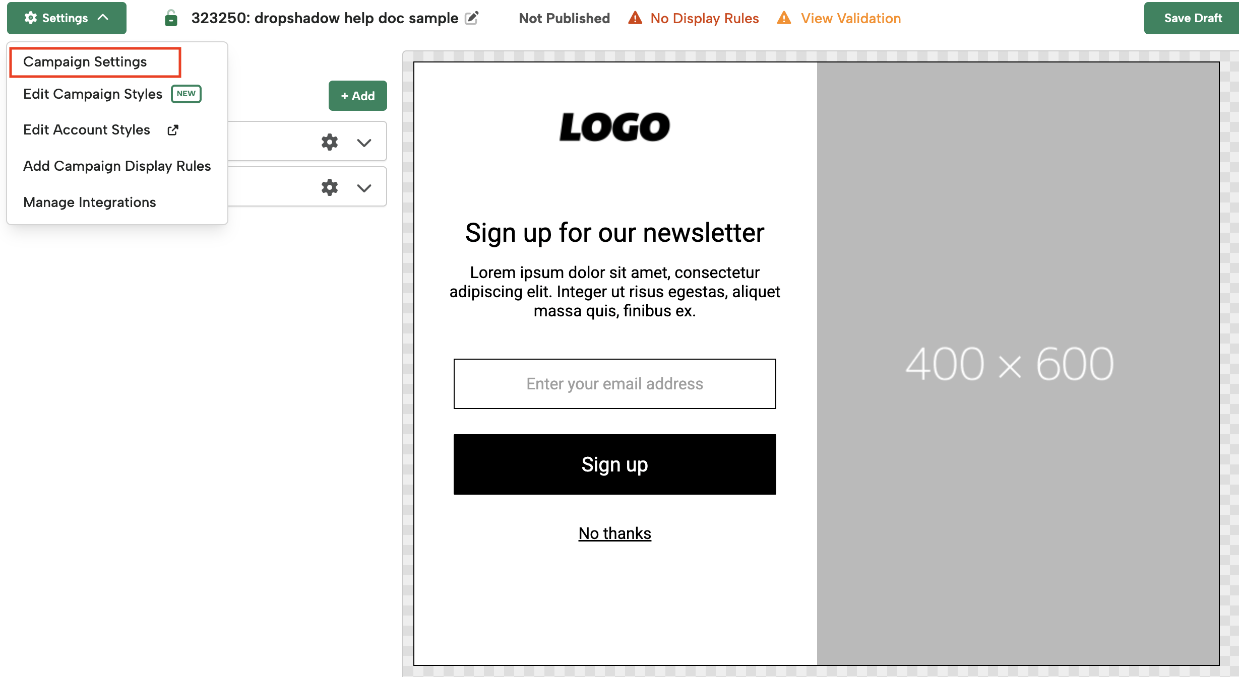 Screenshot of the Digioh editor with the Settings menu open and “Campaign Settings” highlighted.