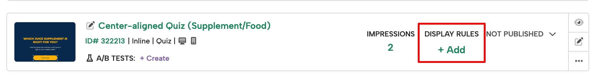 Screenshot of the campaign list showing the Display Rules “+ Add” button highlighted.