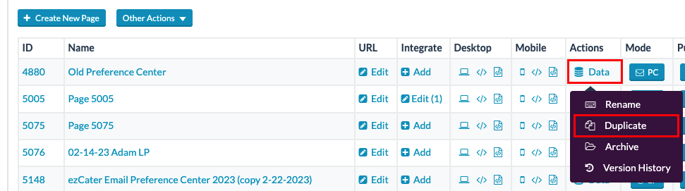 Push Planet Page List view showing the Actions column with the Data button selected. A dropdown menu is open with options including Rename, Duplicate, Archive, and Version History, with Duplicate highlighted in red.