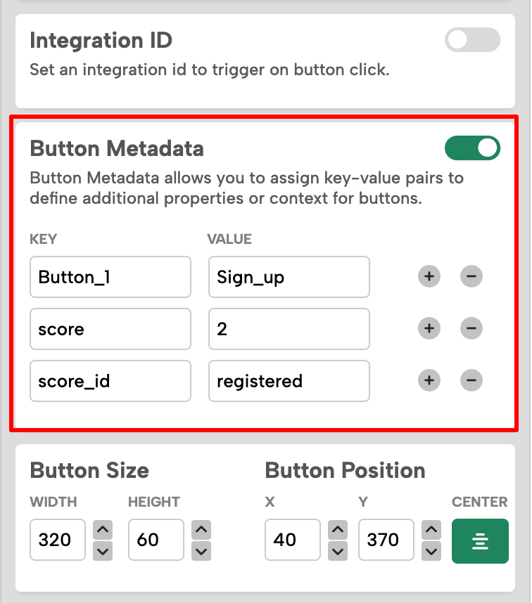 Screenshot highlighting the Button Metadata section in the Buttons tab.