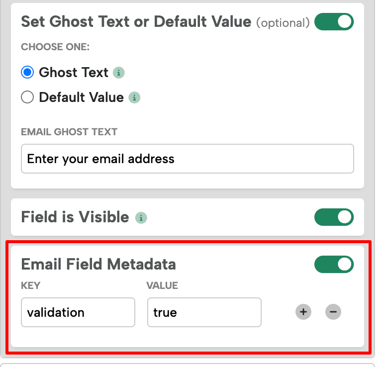 Screenshot highlighting the Email Field Metadata section in the Form tab.