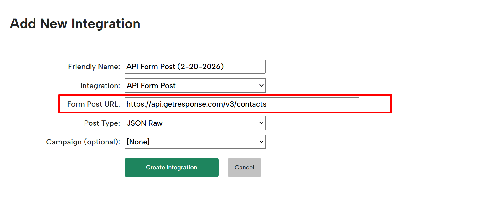 Screenshot of the Digioh Add New Integration page showing “API Form Post” selected, the Form Post URL field filled with https://api.getresponse.com/v3/contacts (highlighted in red), Post Type set to “JSON Raw,” Campaign set to [None], and a green “Create Integration” button.