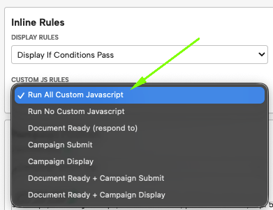 Inline Rules settings showing Custom JS Rules with “Run All Custom Javascript” selected.