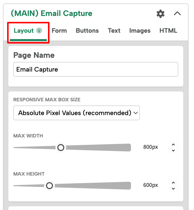 Screenshot of the Layout tab in the Email Capture page editor.