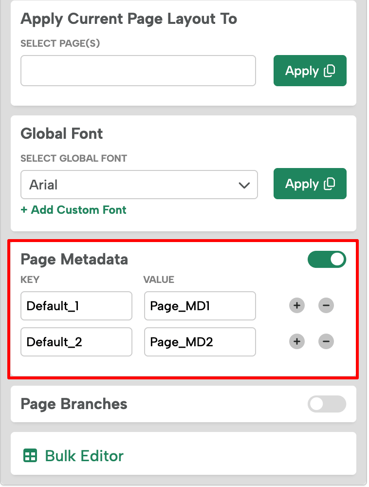 Screenshot highlighting the Page Metadata section in the page editor.