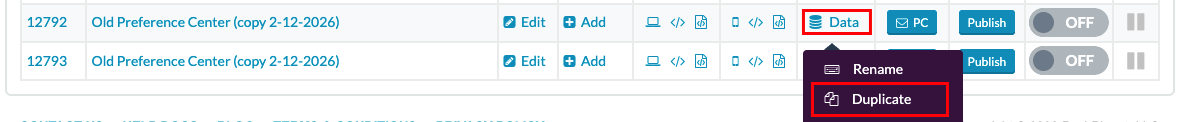 Push Planet Page List showing two duplicated pages titled “Old Preference Center (copy 2-12-2026)” at the bottom of the list. The Data button in the Actions column is highlighted, with a dropdown menu open showing Rename and Duplicate, and Duplicate outlined in red.
