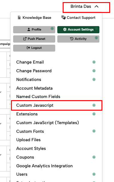 Digioh account dropdown menu showing the Custom Javascript option under Account Settings.