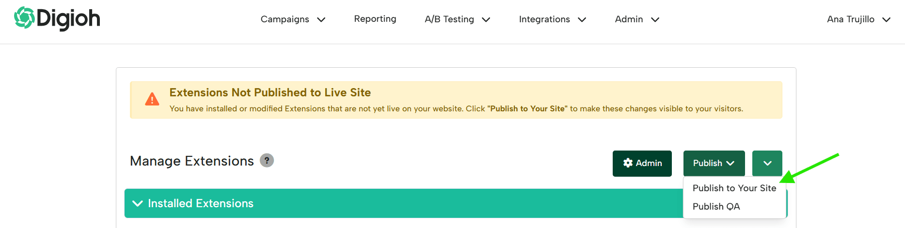 Manage Extensions page showing the Responsive Inline Scaling extension installed, with the Publish to your Site option highlighted in the dropdown