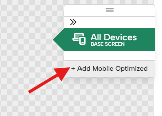 Screen Size panel in the Digioh editor showing All Devices (Base Screen) with the + Add Mobile Optimized option highlighted