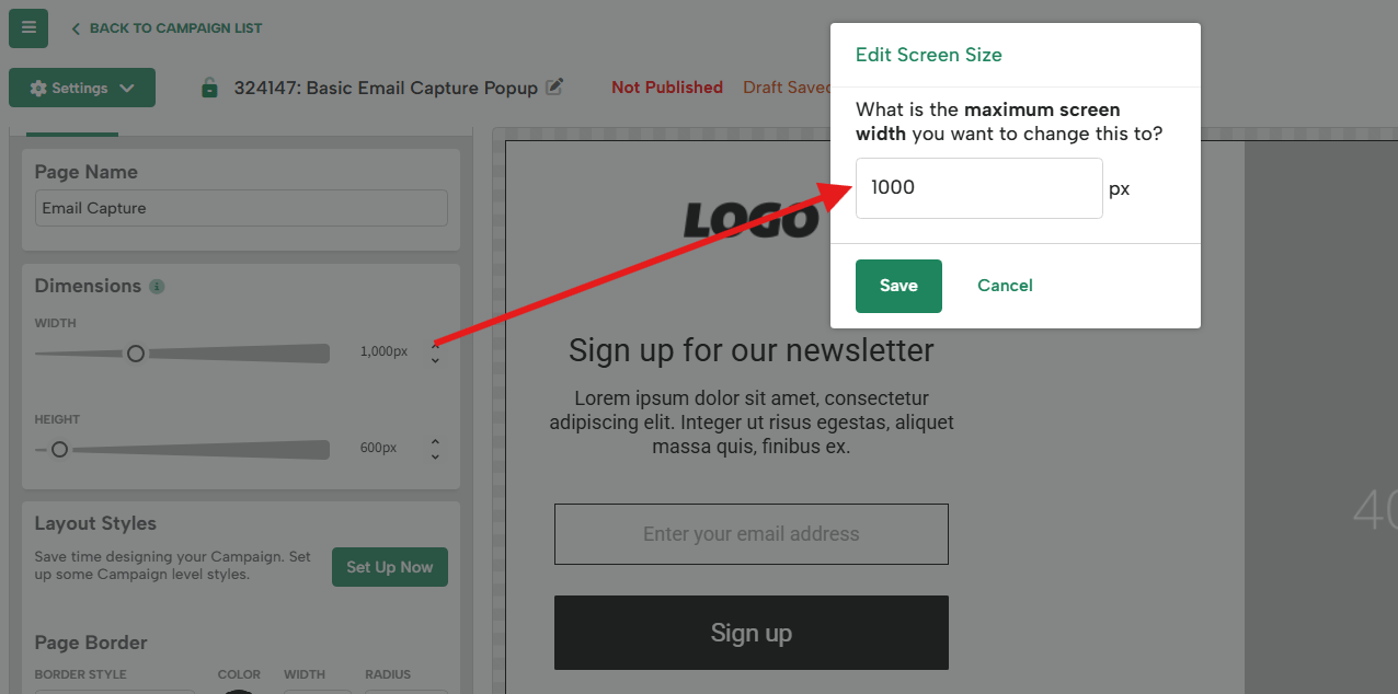 Edit Screen Size dialog in the Digioh editor showing the maximum screen width field set to 1000 pixels for the selected responsive screen size.