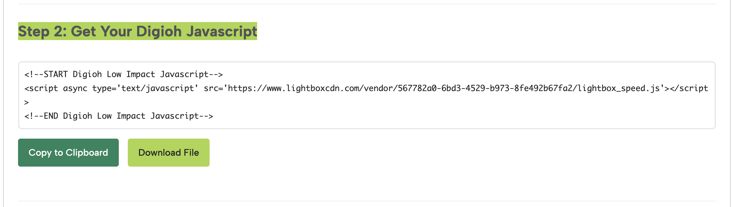 Digioh Setup Instructions page showing the JavaScript installation snippet and buttons to copy or download the code.