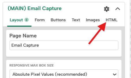 Screenshot of the Digioh campaign editor showing the Layout settings panel with a red arrow pointing to the HTML tab in the top navigation.