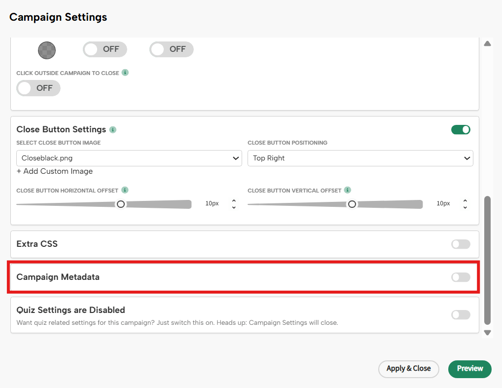 Digioh campaign settings panel showing the Campaign Metadata section highlighted within the campaign configuration options.