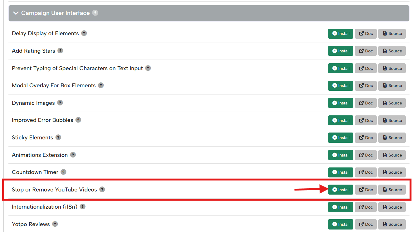 Digioh Extensions page showing the “Stop or Remove YouTube Videos” extension with the Install button highlighted.