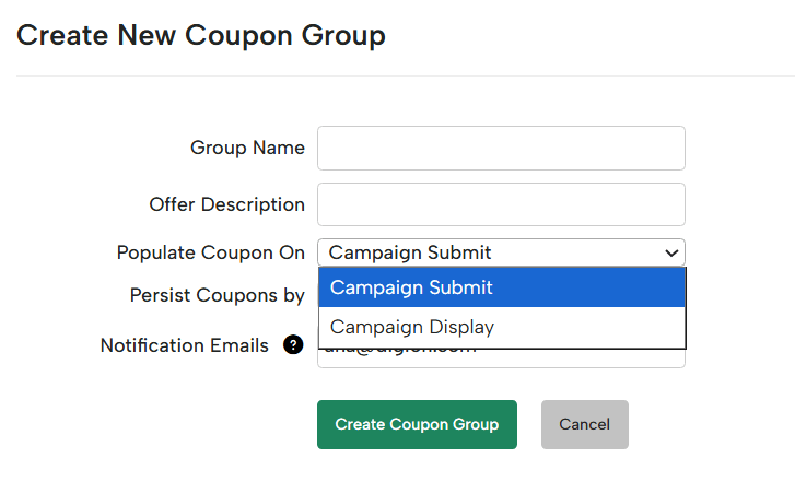 Create New Coupon Group form in Digioh with fields for group name, offer description, coupon timing options, and a ‘Create Coupon Group’ button.