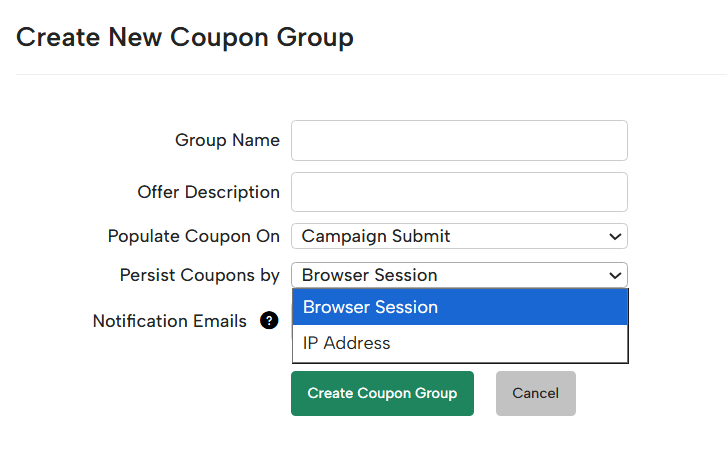 “Create New Coupon Group form in Digioh showing fields for group name, offer description, coupon timing, persistence options, and a ‘Create Coupon Group’ button.