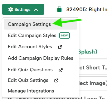 Settings dropdown menu in the Campaign Editor with Campaign Settings highlighted by a green arrow