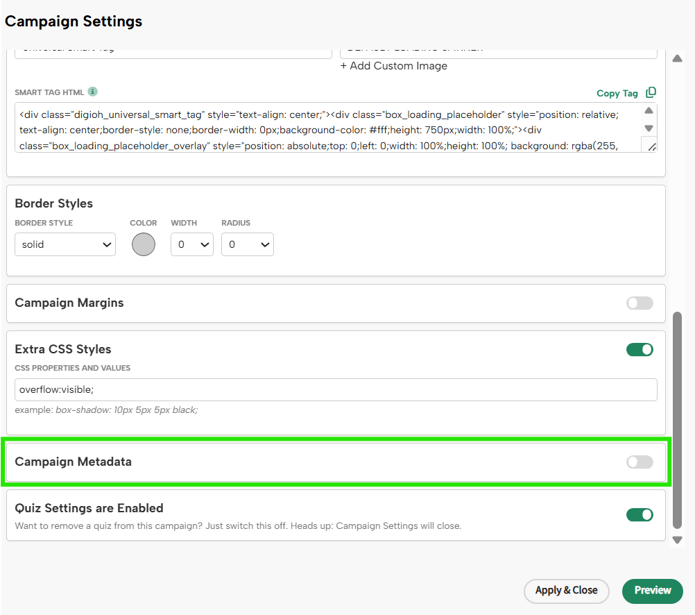 Campaign Settings panel scrolled down to show the Campaign Metadata section highlighted, with the toggle switch off
