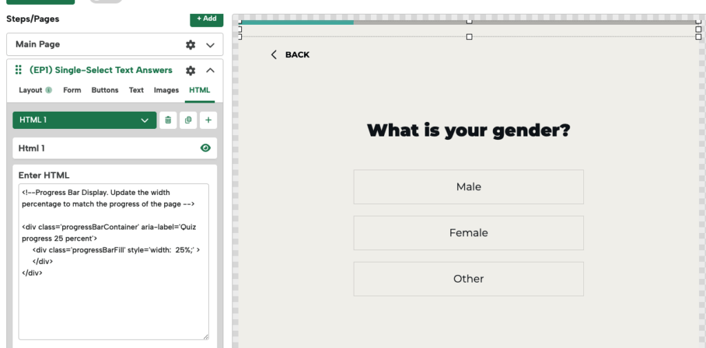 Edit individual page's progress bars via the HTML snippet