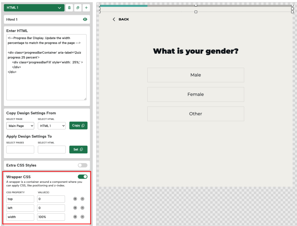 Add css to the Wrapper CSS for the progress bar's html element