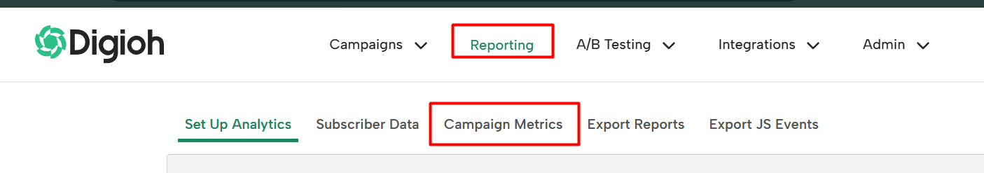 Screenshot of the Digioh interface with the top navigation showing “Reporting” outlined in red, and the secondary navigation showing “Campaign Metrics” outlined in red.