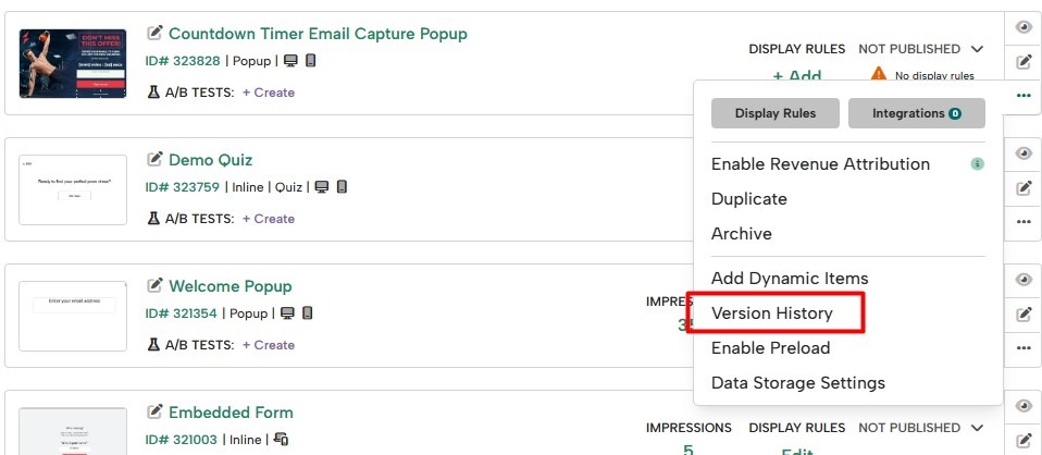 A campaign's version history can be found under its additional options