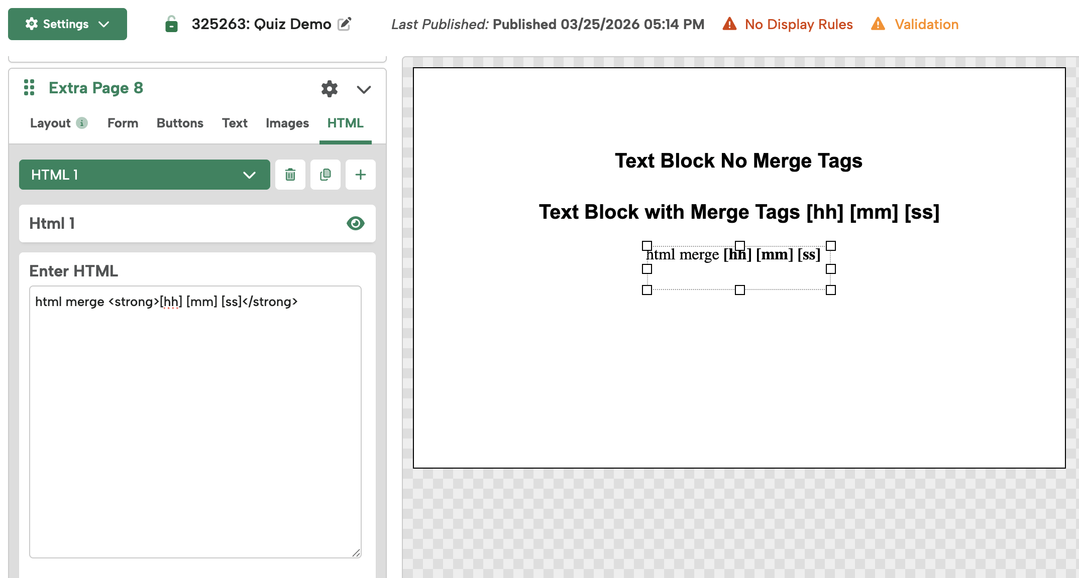 Digioh campaign editor showing an HTML element with countdown timer merge tags [hh] [mm] [ss] in the canvas preview.
