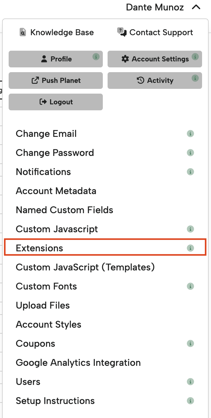 Digioh account navigation menu with the Extensions option highlighted.