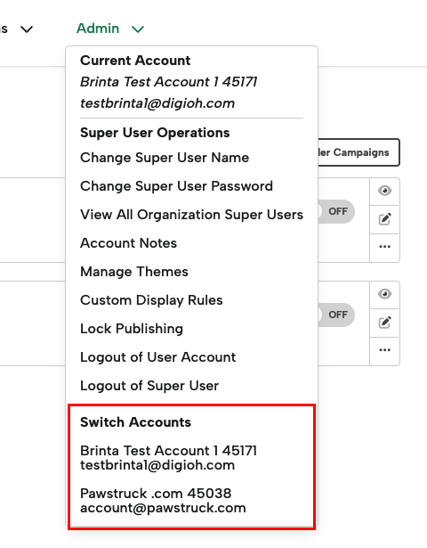 Digioh Admin dropdown with Switch Accounts section highlighted, showing two accounts: Brinta Test Account 1 and Pawstruck.com