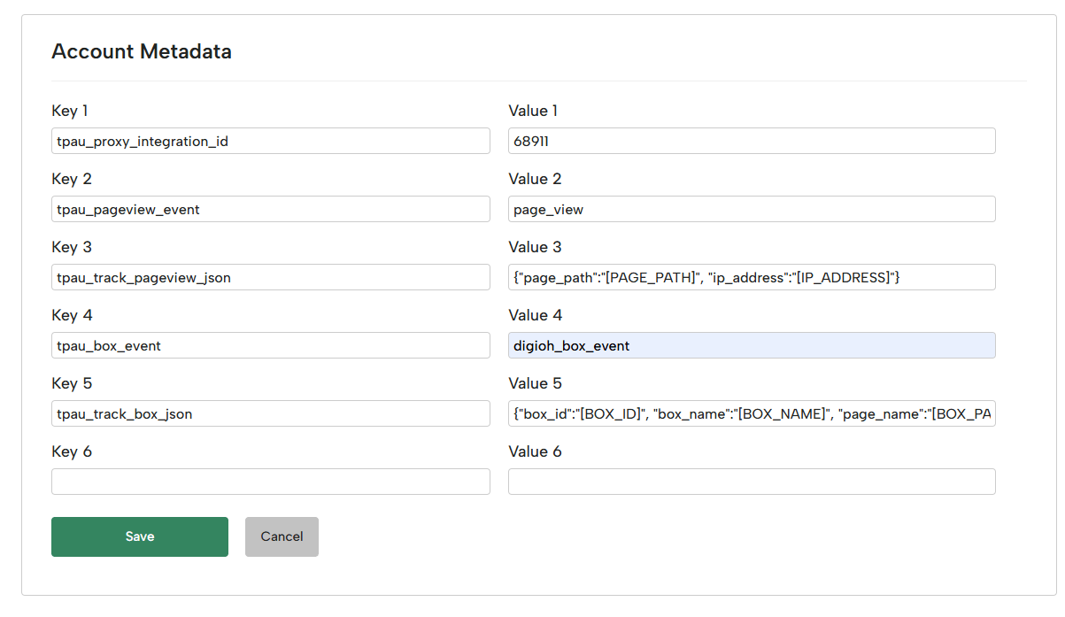 Account metadata description with the TPAU event set up variables mentioned above