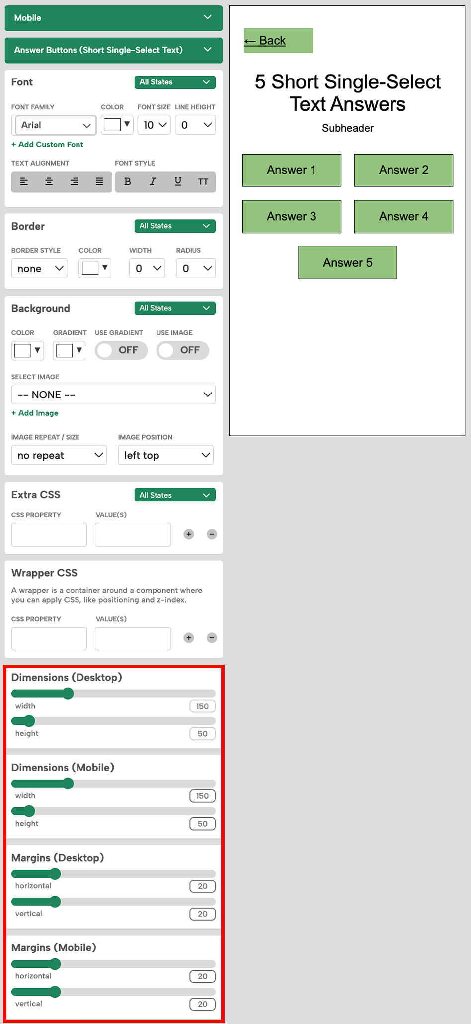 Global design settings button dimensions and margins