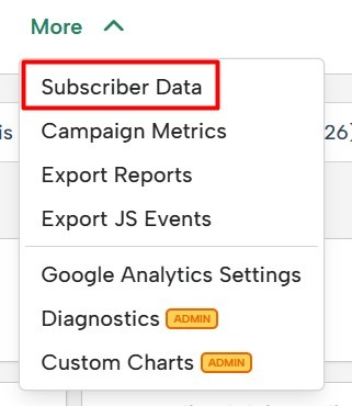 Subscriber data is accessed via the more dropdown on the reporting page