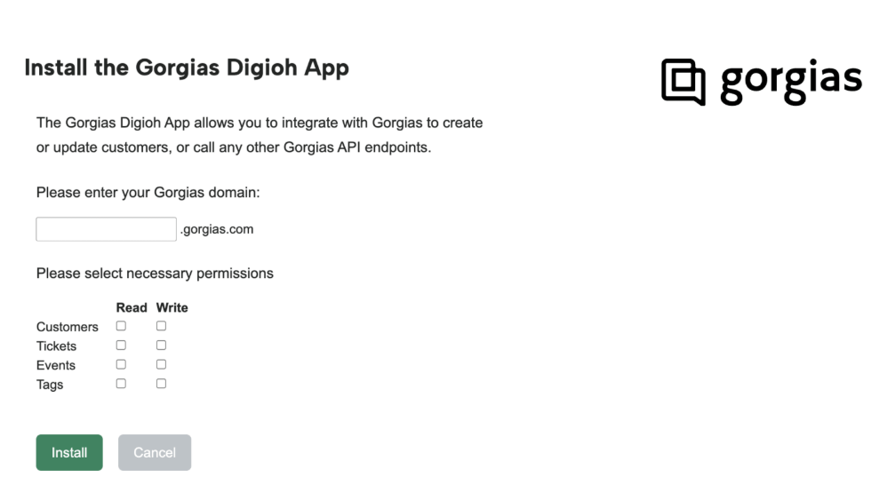 Select the Gorgias permissions to grant to Digioh